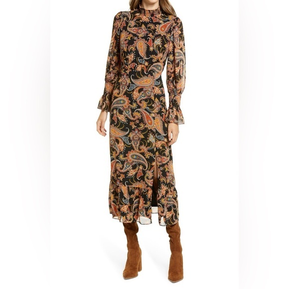 JULIA JORDAN Paisley Long‎ Sleeve Midi Dress - Black Multi boho sheer SIZE 2 - Picture 1 of 12